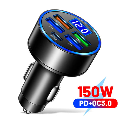 250W 5 Ports Car Charger Fast Charging PD QC3.0 USB C Car Phone Charger Adapter With Voltage For iPhone Samsung Huawei Xiaomi