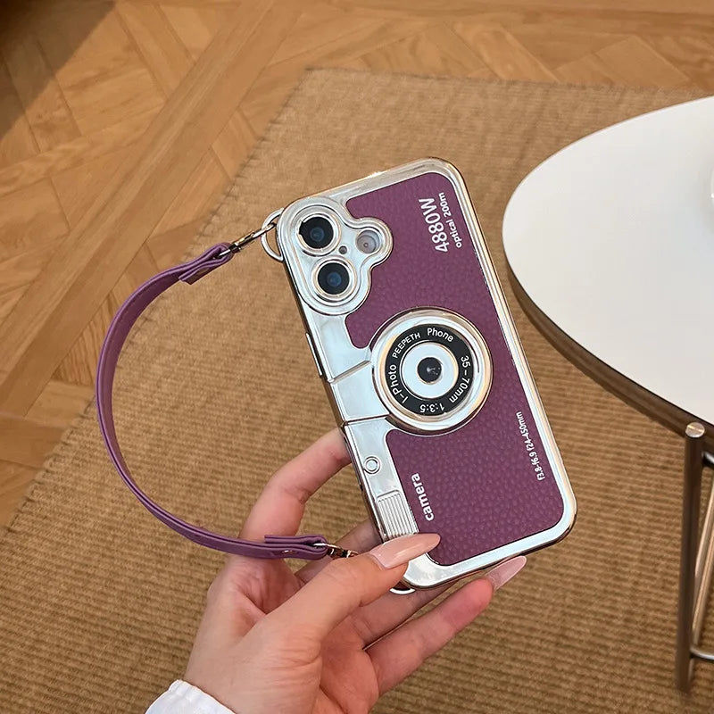 Fashionable Retro Camera Phone Case For iPhone 17 16 15 14 13 12 Pro Max Plus with Wrist Strap Protective Case