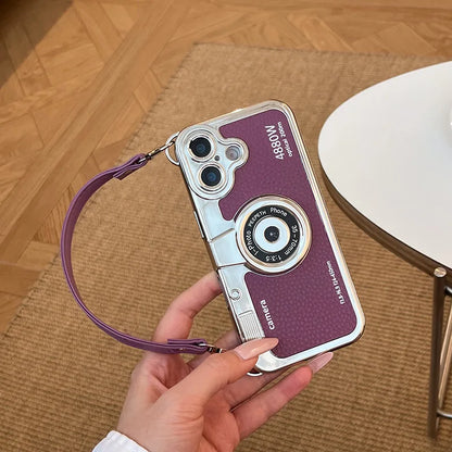 Fashionable Retro Camera Phone Case For iPhone 17 16 15 14 13 12 Pro Max Plus with Wrist Strap Protective Case