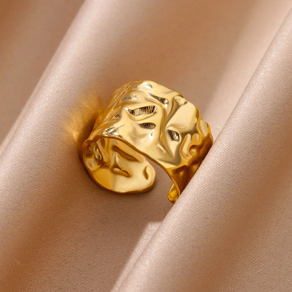 316L Stainless Steel Geometric Open Ring – Gold Color Waterproof Wedding Band