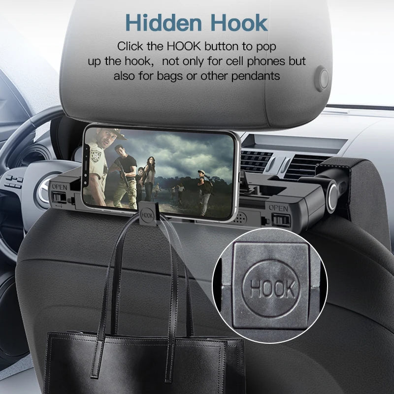 Multifunctional Car Headrest Neck Support with Hidden Hanger, 180° Rotation Universal Car Interior Accessory