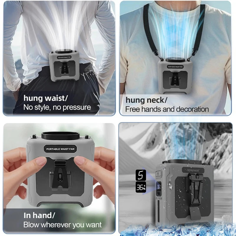 10000mAh Portable Neck Fan Cooling Rechargeable Hands-free Waist Clip Fan with Flashlight for Outdoor Travel Camping Power Bank