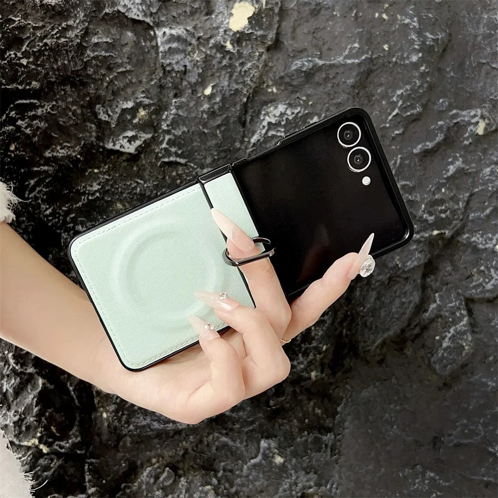 360 Rotating Magnetic Ring Holder Phone Case For Samsung Z Flip 7 6 5 4 3 Flip6 Flip5 Flip4 Flip3 5G PU Leather Back Cover