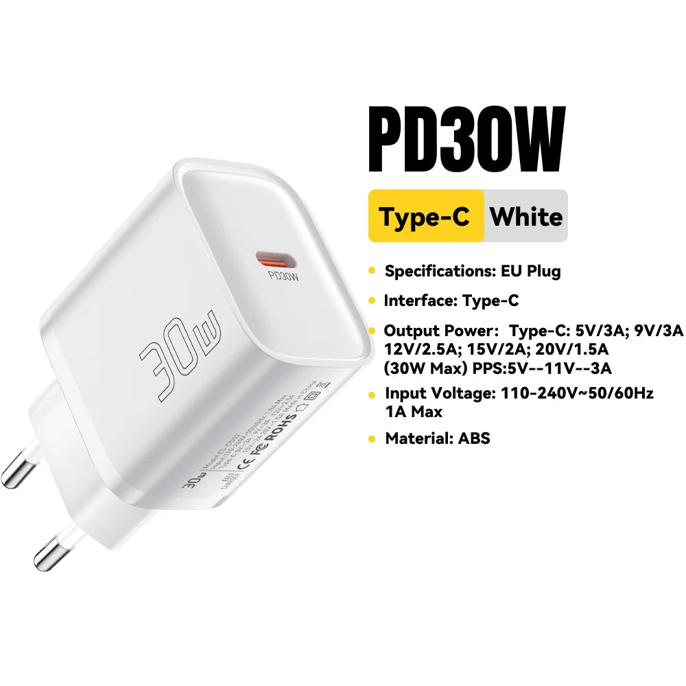Essager Mini 30W Type C Charger PD QC3.0 Fast Type C Charger For iPhone 16 15 14 13 Pro Samsung S25 Xiaomi iPad Travel Adapter