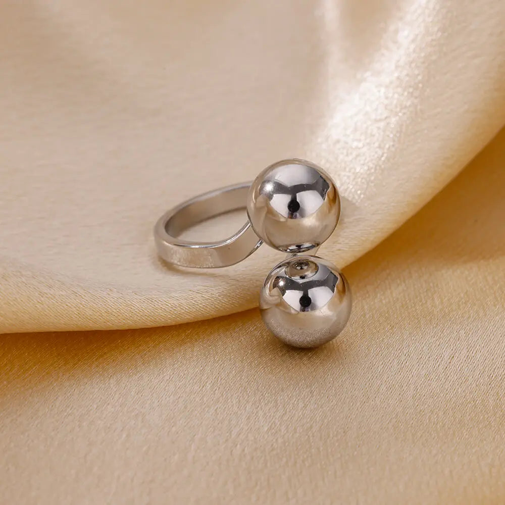 Exaggerated Stainless Steel Bead Ball Ring – Adjustable Gold Color Waterproof Ring for Women & Men