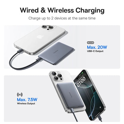 Baseus 5000mAh Magnetic Power Bank 15W PD 20W Wired Charging Thin Card-Sized Slim Portable Powerbank for iPhone 17 Samsung