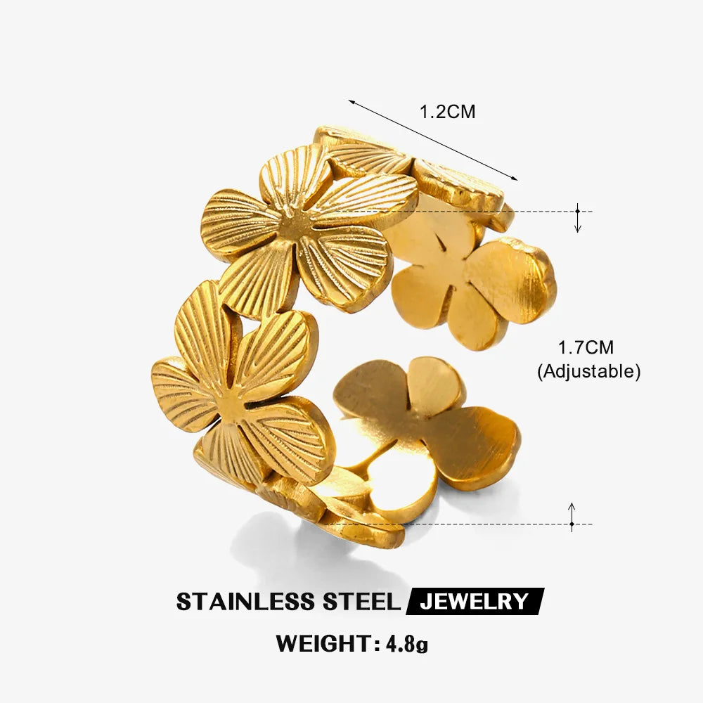 Stainless Steel Flower Adjustable Ring – 18K Gold PVD Plated Waterproof