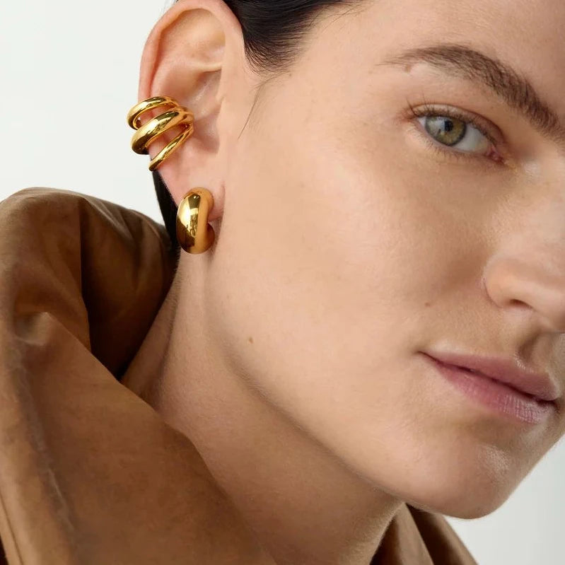 18K Gold Stainless Steel Multilayer Ear Clip – Waterproof Chunky Hoop