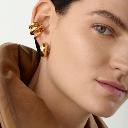 18K Gold Stainless Steel Multilayer Ear Clip – Waterproof Chunky Hoop