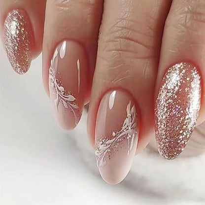 24Pcs Autumn Winter Matte Almond False Nails with Glue Rose Leaf Printing Nail Art Simple Full Cover Press on Acrylic Nails Tips