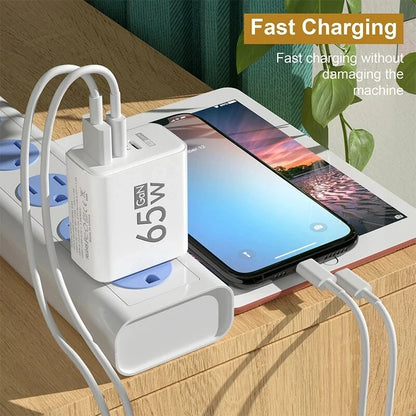 GaN 65W Fast Charging USB Type-C Charger US EU Plug USB PD Quick Charge 3.0 Travel Wall Phone Charger Adapter For iPhone Samsung