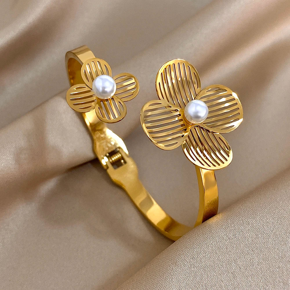 Greatera Stainless Steel Double Flower Cuff Bracelet – Gold Color Waterproof