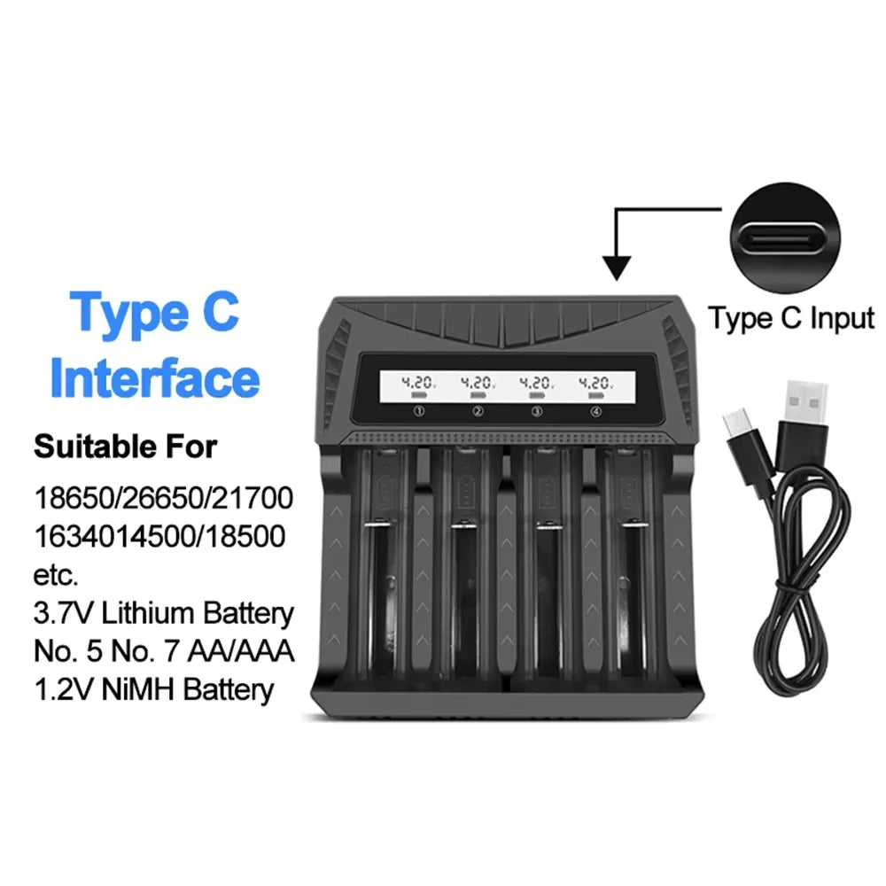 Intelligent LCD Battery Charger USB 4 Slots - Universal Smart Charger for 18650 26650 Li-ion & AA AAA Ni-MH Rechargeable Batteri
