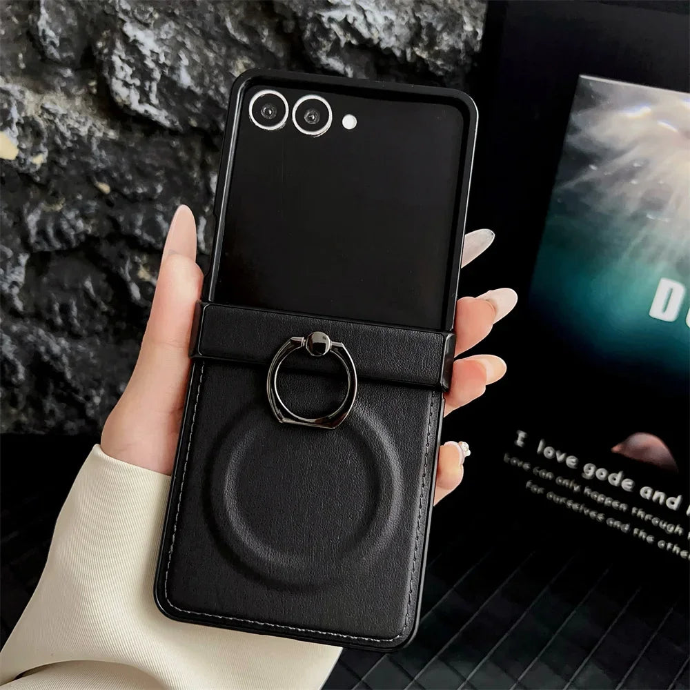 360 Rotating Magnetic Ring Holder Phone Case For Samsung Z Flip 7 6 5 4 3 Flip6 Flip5 Flip4 Flip3 5G PU Leather Back Cover