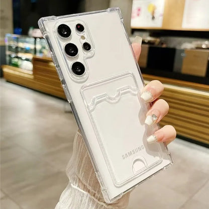 Luxury Soft Transparent Card Holder Bag Phone Case For Samsung Galaxy S25 S24 S23 S22 S21 S20 FE Note 20 Ultra Shockproof Cover