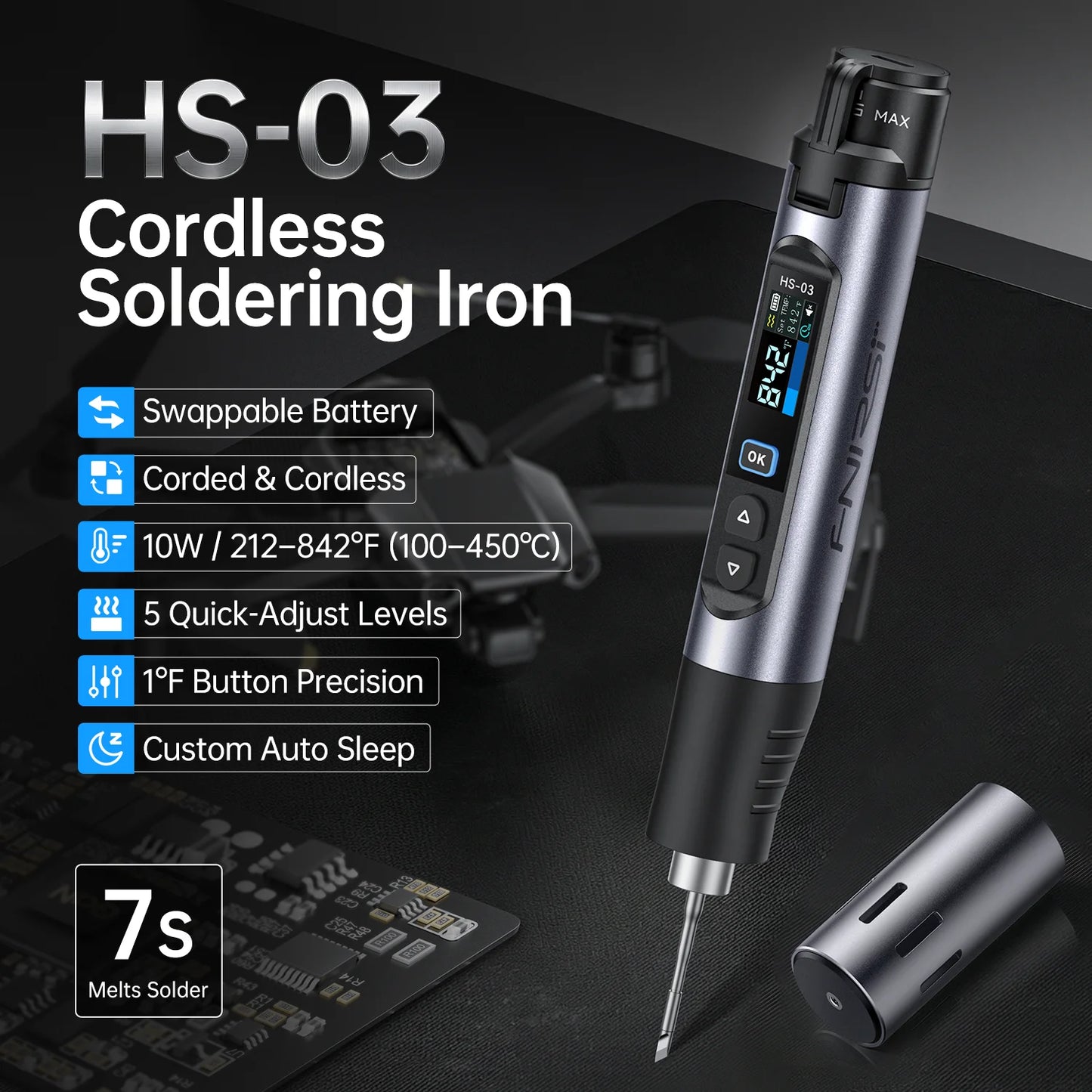 FNIRSI HS-03 Wireless Soldering Iron 10W Type-C Rechargeable Portable Soldering Iron 100-450℃ Adjustable Repair Tool
