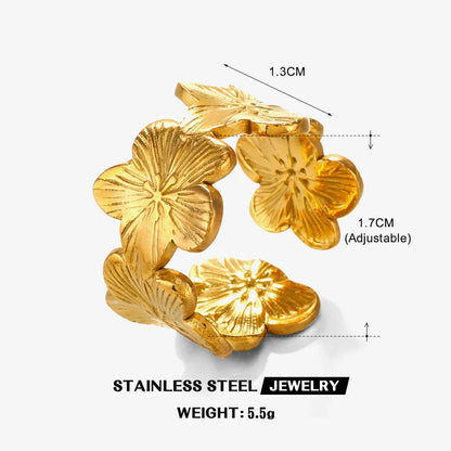 Stainless Steel Flower Adjustable Ring – 18K Gold PVD Plated Waterproof