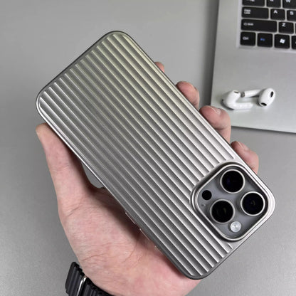 Natural Titanium Grating Stripe Pattern Phone Case for iPhone 16 14 15 13 Pro Max Plus Metal Button Shockproof Hard Armor Cover