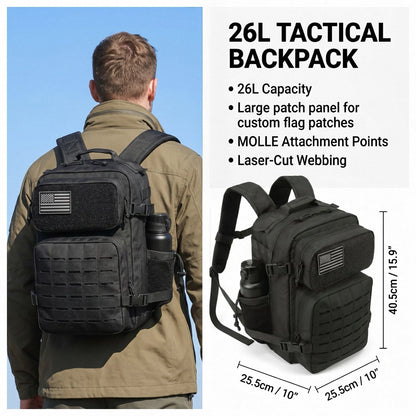 26L Tactical Travel Backpack for Men with Dual Cup Holders, MOLLE Outdoor Hiking Rucksack for Fitness Gym, Camping & Daily Commute