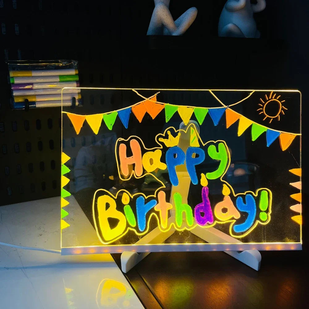 LED Note Board DIY Acrylic Night Light 7 Pens Drawing Board Rechargeable RGB Erasable Painting Drawing Boards Kids Birthday Gift