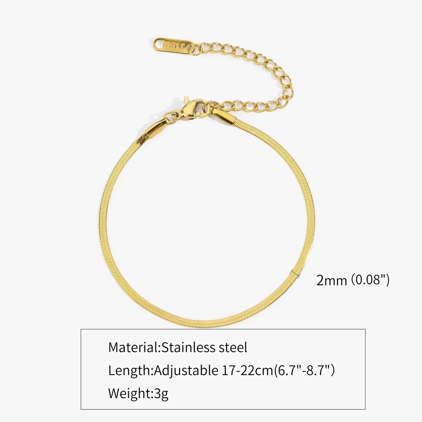 2-5MM Stainless Steel Snake Chain Bracelet - Gold Color Waterproof Bangle