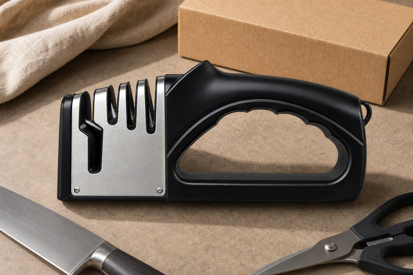 4-in-1 Multifunctional Kitchen Knife Sharpener, Portable Handheld Knife & Scissor Sharpening Tool with Non-Slip Base, Household