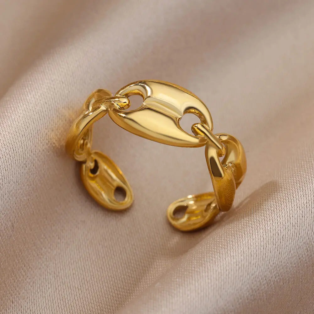 316L Stainless Steel Geometric Open Ring – Gold Color Waterproof Wedding Band