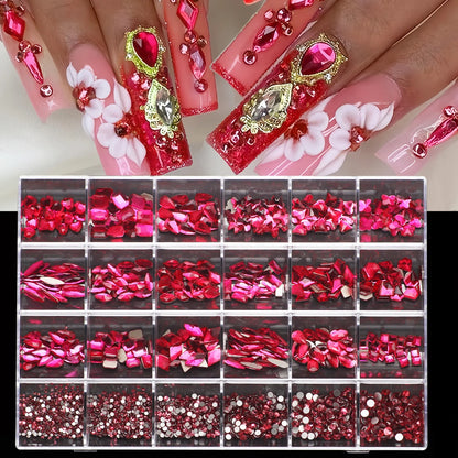 1 Box of Multi -Shaped 3D Nail Diamond Kits -24 AB Crystal Gem Grids, Flat -Bottom Nail Art Accessories Multi -Style Nail Suppli