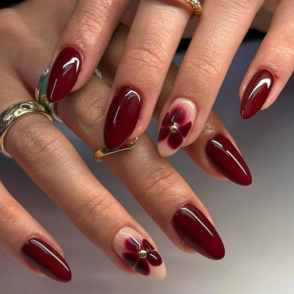 24Pcs Autumn Winter Matte Almond False Nails with Glue Rose Leaf Printing Nail Art Simple Full Cover Press on Acrylic Nails Tips