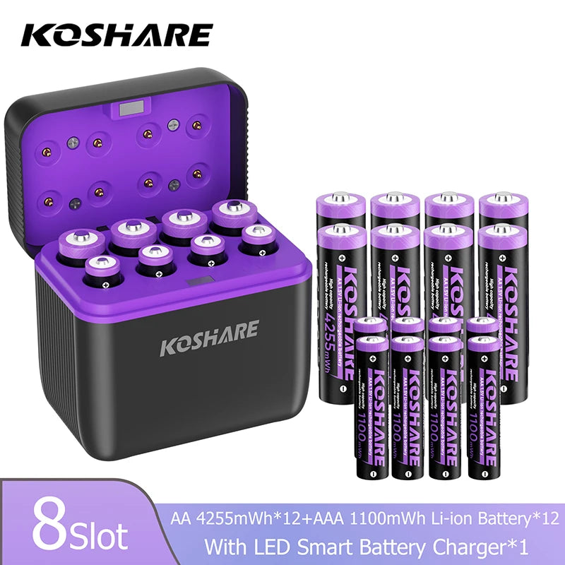 KOSHARE 1.5V AA 4255mWh AAA 1100mWh Rechargeable Lithium Battery Charger Set  With LED Indicator Arc-look Fast Charging Case