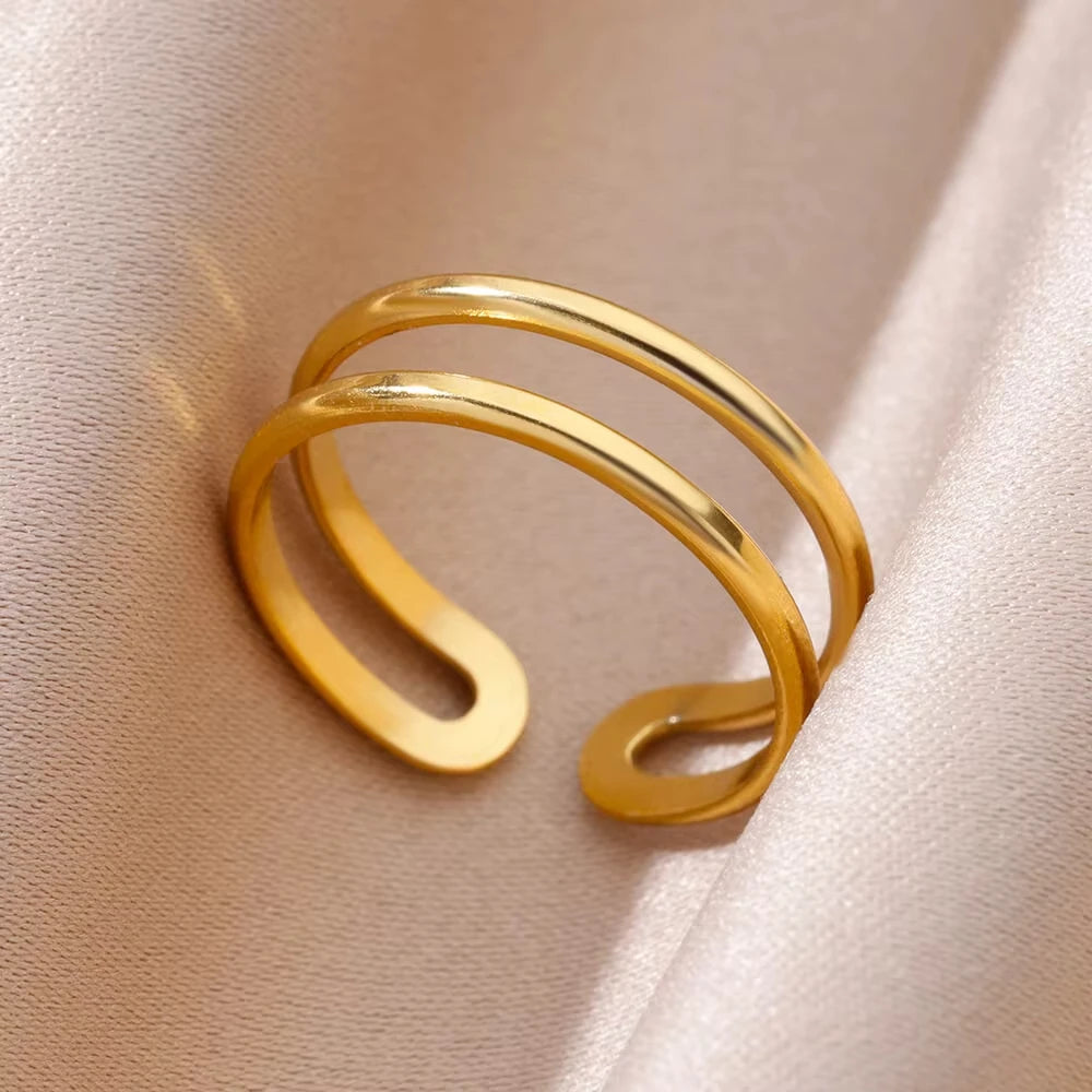 316L Stainless Steel Geometric Open Ring – Gold Color Waterproof Wedding Band