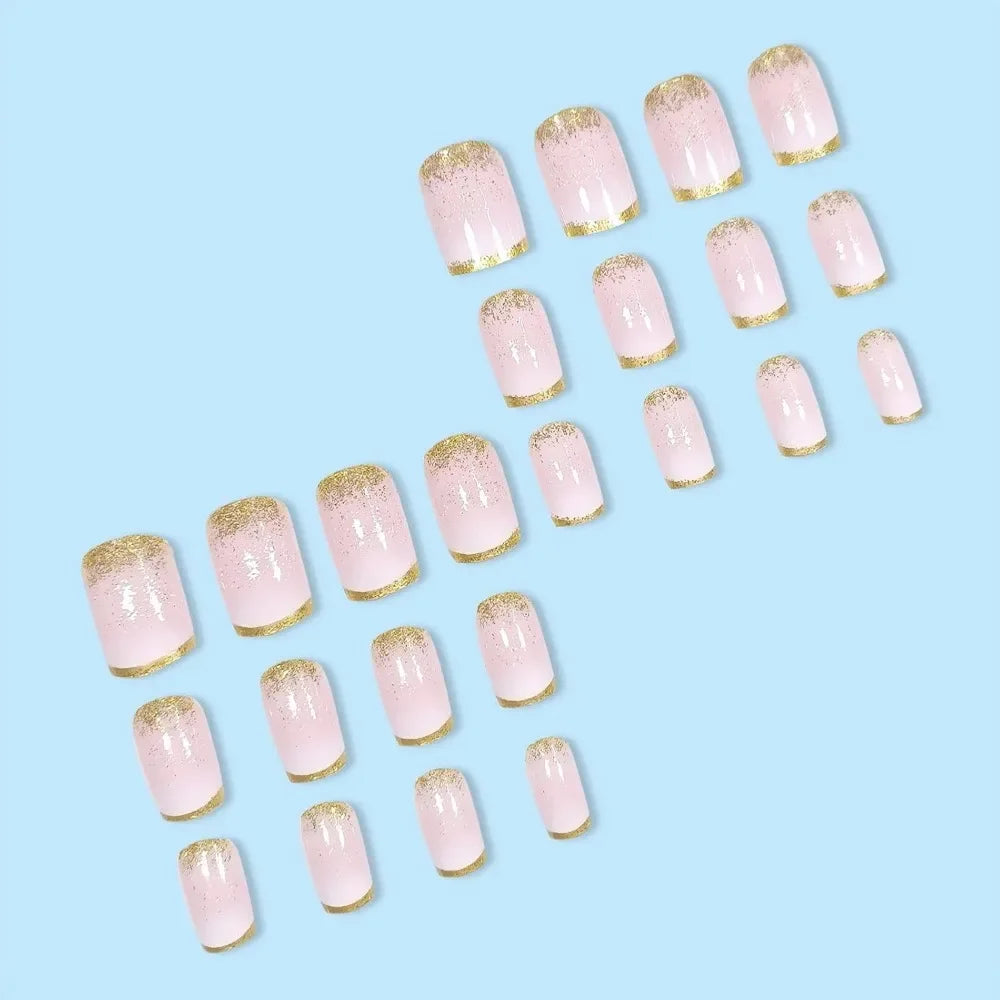 24Pcs Short Square Ombre Gradient Press On Nails Gold Glitter Acrylic Design Self Adhesive Reusable False Nails Daily Party Manicure Supply