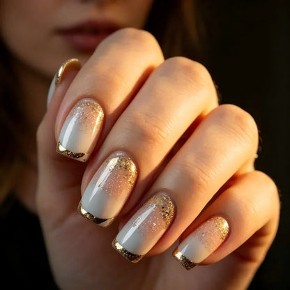 24Pcs Short Square Ombre Gradient Press On Nails Gold Glitter Acrylic Design Self Adhesive Reusable False Nails Daily Party Manicure Supply