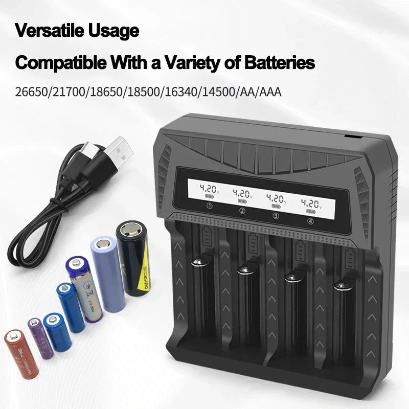 Intelligent LCD Battery Charger USB 4 Slots - Universal Smart Charger for 18650 26650 Li-ion & AA AAA Ni-MH Rechargeable Batteri