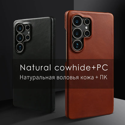 Natural Cowhide Genuine Leather Case For Samsung Galaxy S25 Ultra S26 S24 S23 S22 S21 Business Protective Back Cover Phone Cases