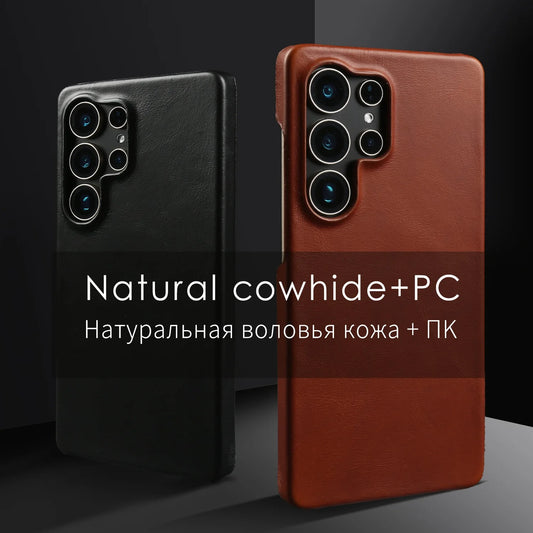 Natural Cowhide Genuine Leather Case For Samsung Galaxy S25 Ultra S26 S24 S23 S22 S21 Business Protective Back Cover Phone Cases