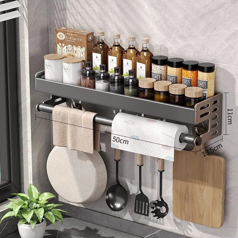 Gunmetal Space Aluminum No-Drill Wall Mounted Kitchen Storage Rack - Multi-Functional Organizer for Spice Jars and Knives