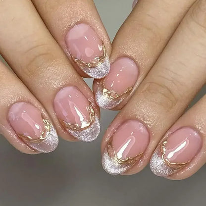 Y2K Romantic Star Gold Moon Sweet Almond Press On Nails 24Pcs Gradient Blue French Self Adhesive Reusable False Nails For Girls Women Daily Nail Art Accessory