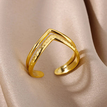 316L Stainless Steel Geometric Open Ring – Gold Color Waterproof Wedding Band