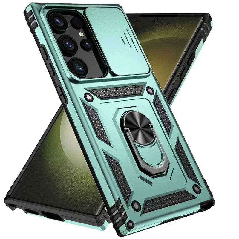 Slide Camera Lens Military Grade Armor Case For Samsung Galaxy S25 Ultra Plus S24FE A16 A06 A26 A36 A56 Holder Ring Stand 2026