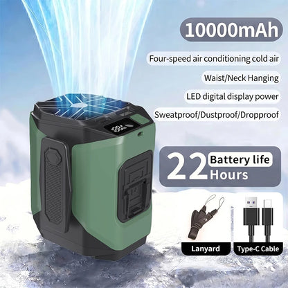 10000mAh Portable Neck Fan Cooling Rechargeable Hands-free Waist Clip Fan with Flashlight for Outdoor Travel Camping Power Bank