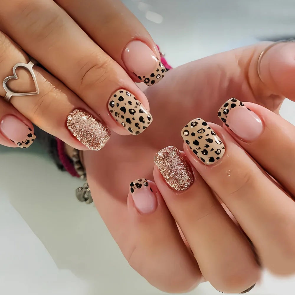 Short Long Press On Nails Leopard Black Purple Blue Glossy Glitter French Tips Self Adhesive Reusable False Nails For Women Girls Daily Manicure