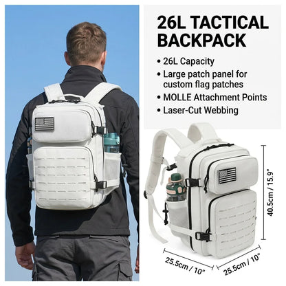 26L Tactical Travel Backpack for Men with Dual Cup Holders, MOLLE Outdoor Hiking Rucksack for Fitness Gym, Camping & Daily Commute
