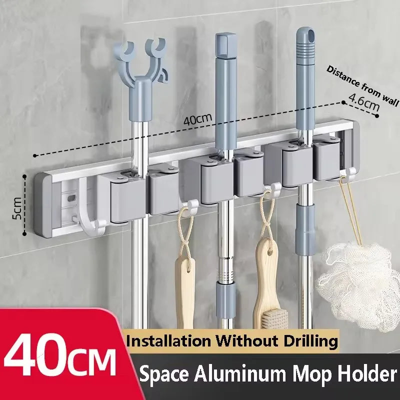 Wall Mounted Mop & Broom Organizer Rack with 5 Hooks Strong Mop Holder Self Adhesive for Kitchen Bathroom Cleaning Tools Storage