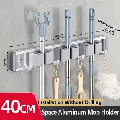 Wall Mounted Mop & Broom Organizer Rack with 5 Hooks Strong Mop Holder Self Adhesive for Kitchen Bathroom Cleaning Tools Storage
