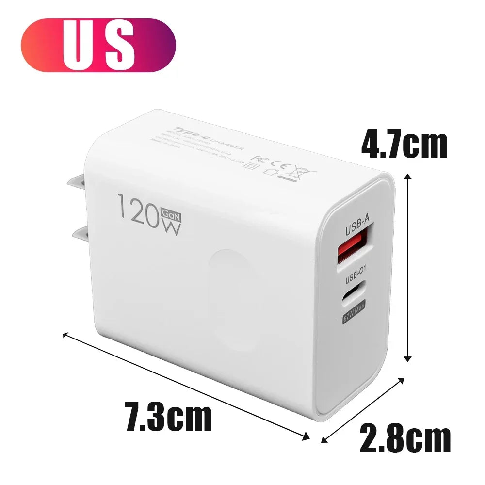 120W Fast Charger USB Type C PD Cable Fast Charging Quick Charge Adapter For iPhone 17 16 15 Pro Xiaomi Samsung Oneplus Huawei
