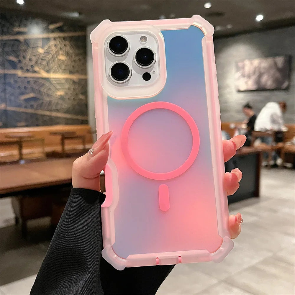 Luxury for Magsafe Laser Dazzling Armor Case For iPhone 16 Pro Max 15 Plus 14 13 Wireless Charging Dual Layer Protection Cover
