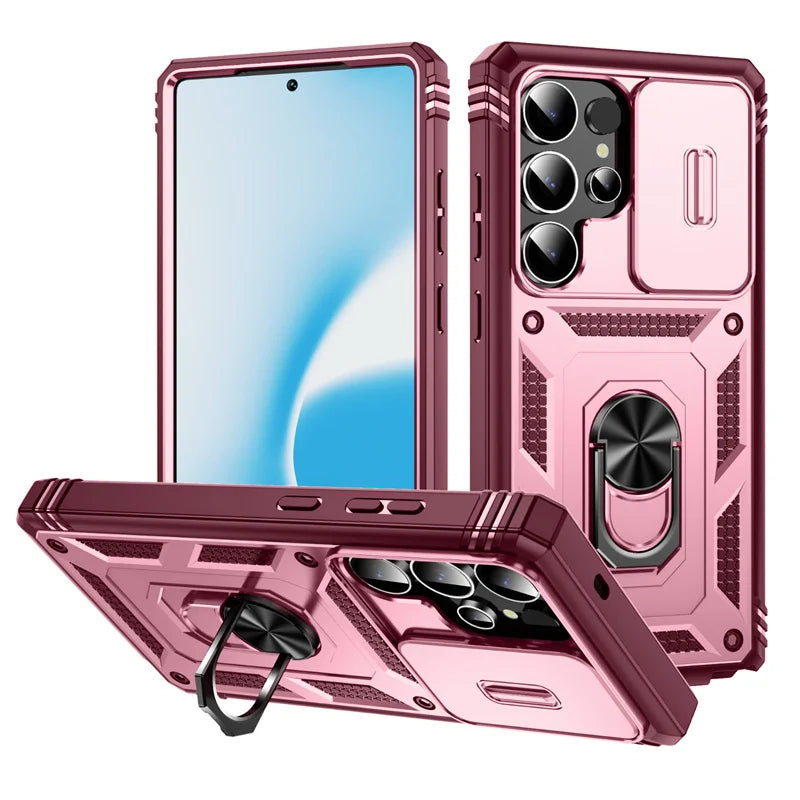 Heavy Duty Armor Phone Case For Samsung Galaxy S25 S24 S23 S22 S21 Ultra S20 FE Plus Note 20 Ultra Lens Protect Ring Stand Cover