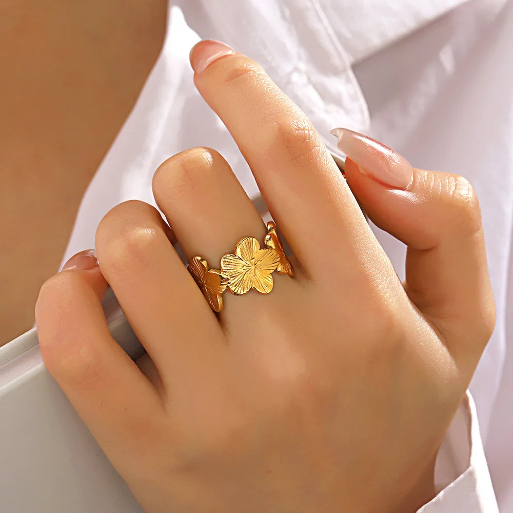 Stainless Steel Flower Adjustable Ring – 18K Gold PVD Plated Waterproof