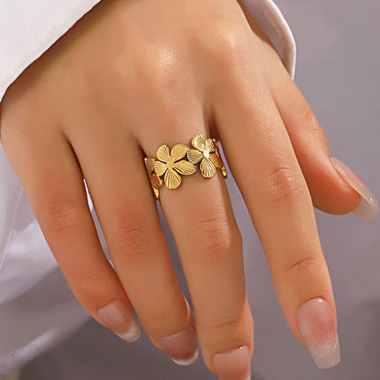 Stainless Steel Flower Adjustable Ring – 18K Gold PVD Plated Waterproof